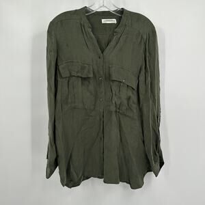 Zara Womens Button Up Top Size L‎ Hunter Green Lagenlook Minimalist Classic